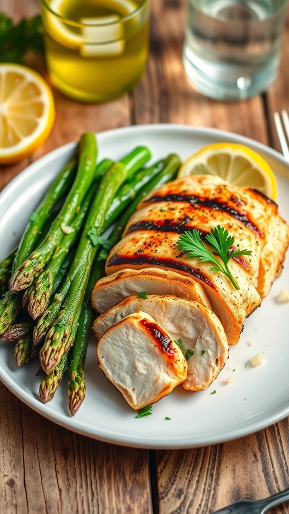 Grilled chicken breast with sautéed garlic lemon asparagus on a plate, garnished with parsley.